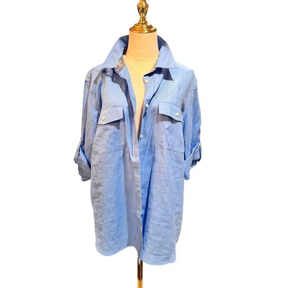 Lauren Ralph Lauren Tops - Lauren Ralph Lauren Womens Linen Blend Button Down Sleeve Shirt Blue Large 2X‎